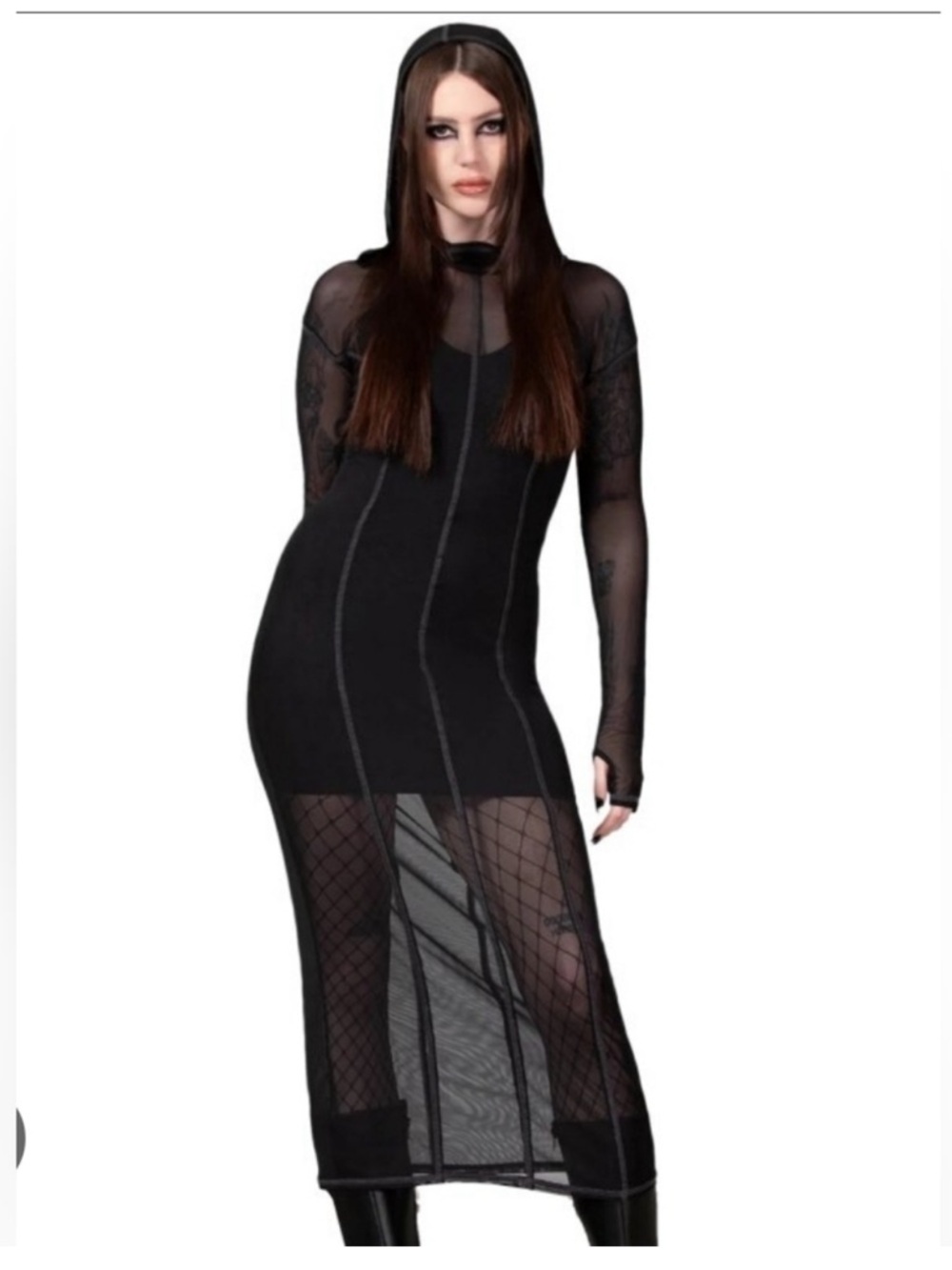 #KS353 - NWT -  Black Sheer Witchz Hoard Hooded Mesh Dress - 4XL